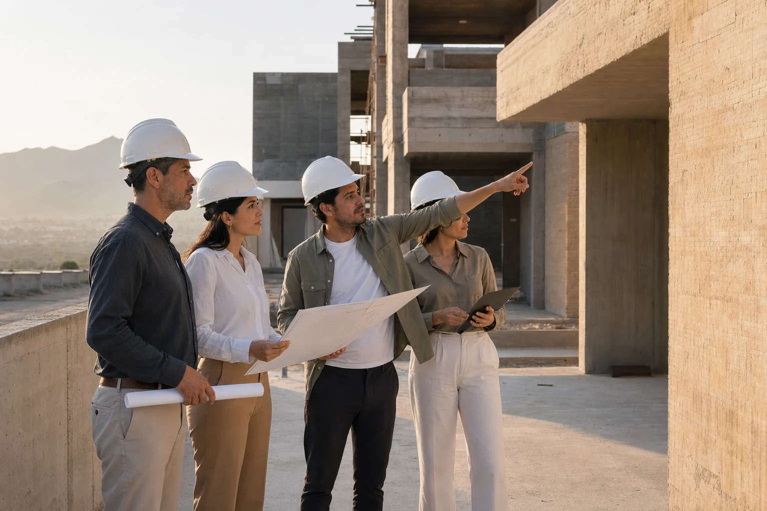 Escena conceptual de un equipo revisando una obra residencial