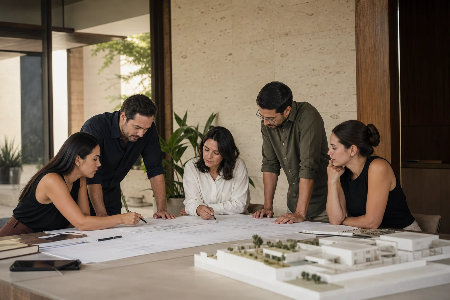 Escena conceptual de un equipo de arquitectura colaborando