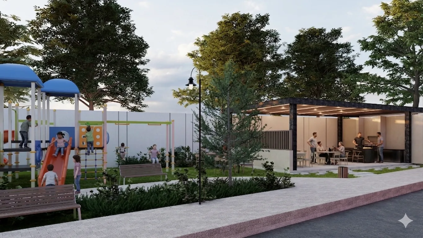 Asador y terraza con pérgola en Anara Residencial