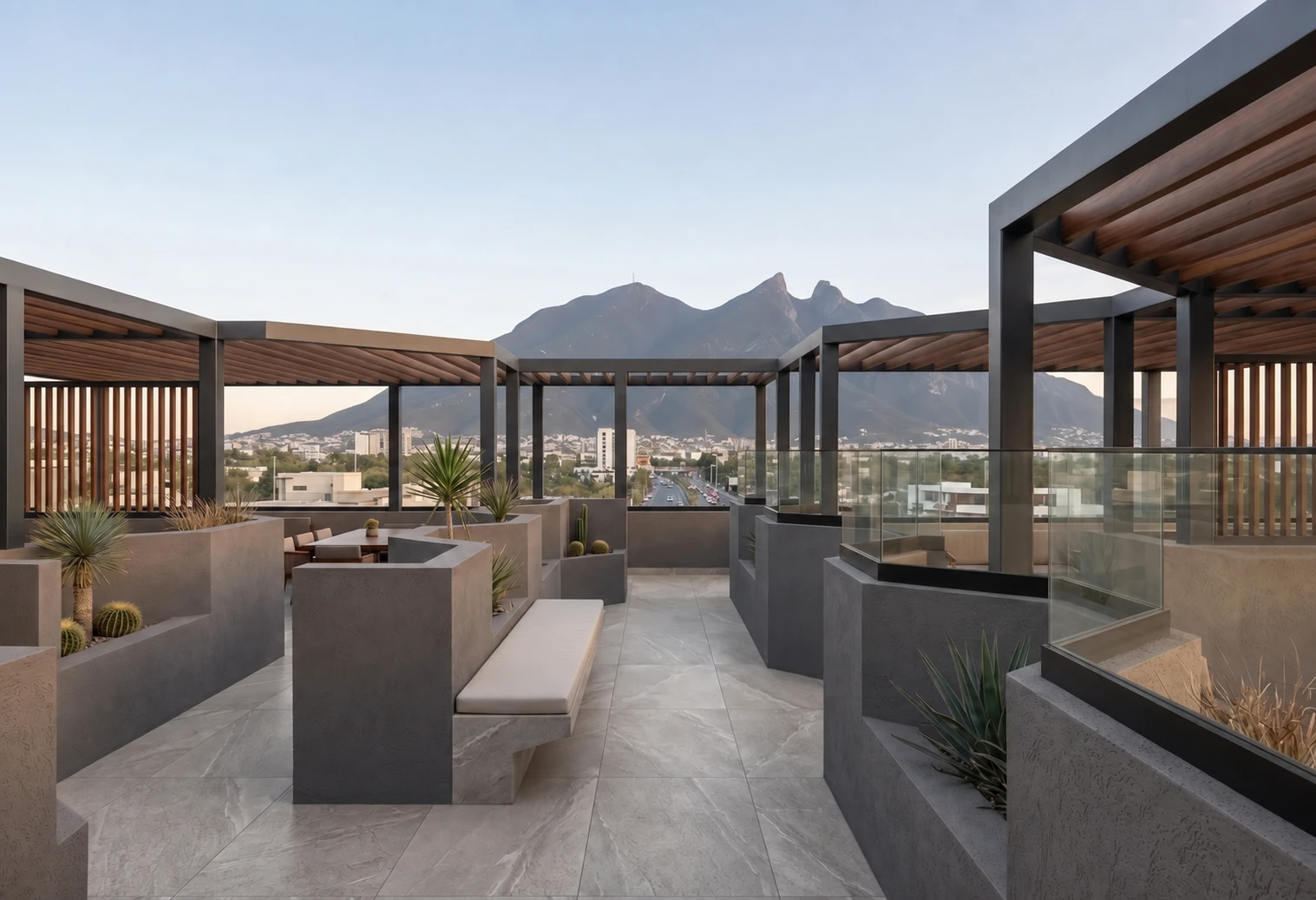 Render del Roof Garden de Torre Hudson con vistas a la Sierra Madre